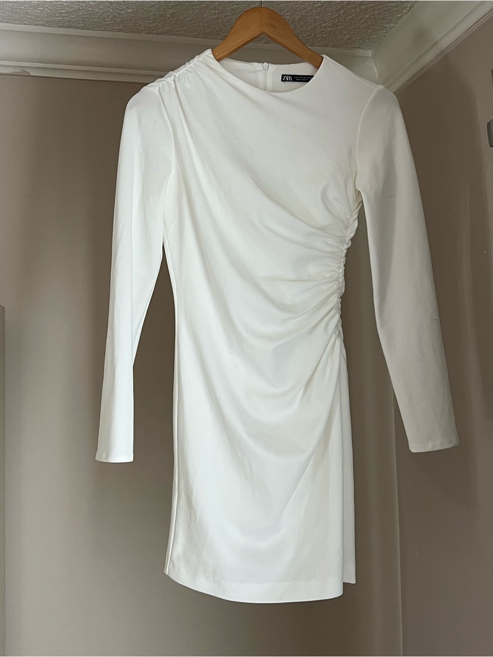 Zara White Long-Sleeve Ruched Side Mini Dress